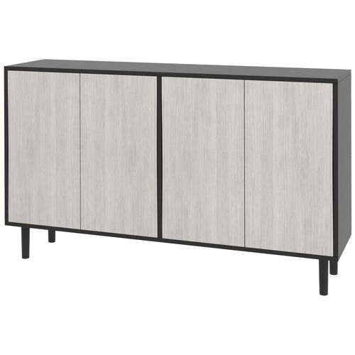 Buffet Design Contemporain - 4 Portes, 2 Étagères - Dim. 121l X 37l X 75h Cm - Piètement Effilé Pin Noir Aspect Bois Gris
