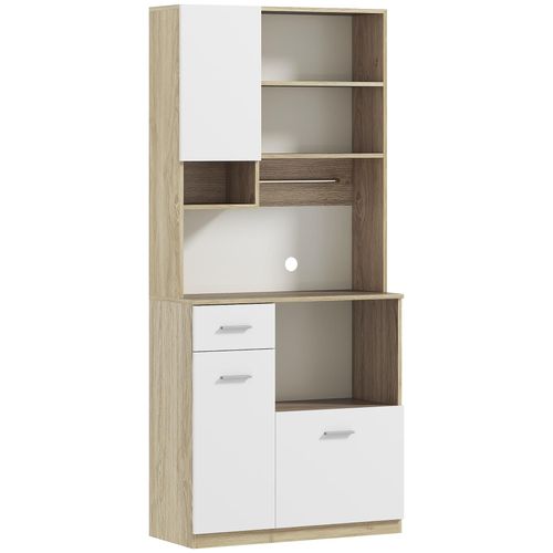 Buffet Haut De Cuisine - 3 Portes, 2 Étagères, 4 Niches, Tiroir, Grand Plateau - Blanc Effet Bois