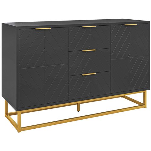 Buffet Design Contemporain Graphique 2 Placards Porte Étagères Réglables 3 Tiroirs Coulissants Mdf Noir Métal Doré