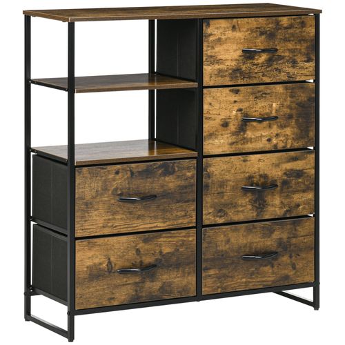 Buffet Industriel 6 Tiroirs 2 Niches Plateau Acier Noir Aspect Bois