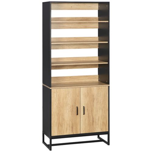 Buffet Haut 2 Portes Total 5 Étagères Acier Noir Aspect Bois Clair