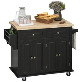 Desserte De Cuisine Multi Rangements 2 Tiroirs 2 Placard 2 Portes Avec Étagère Range-Bouteille Porte-Torchons Mdf Noir Hévéa