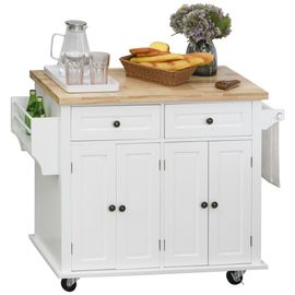 Desserte De Cuisine Multi Rangements 2 Tiroirs 2 Placard 2 Portes Avec Étagère Range-Bouteille Porte-Torchons Mdf Blanc Hévéa