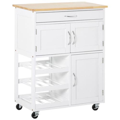 Homcom Desserte De Cuisine Multi Rangements 2 Placards Tiroir Casier 9 Bouteilles Mdf Blanc Plateau Bois Caoutchouc