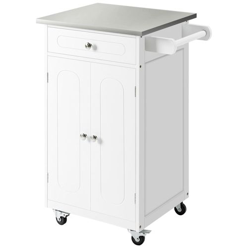 Desserte De Cuisine Multi-Rangements 1 Tiroir Placard 2 Portes Avec Étagère Porte-Torchons Mdf Blanc Acier Inox.