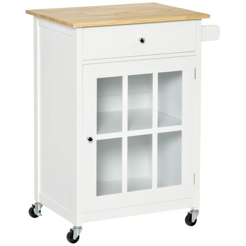 Homcom Desserte De Cuisine À Roulettes Multi-Rangement - Placard Porte Vitrée Avec Étagère Réglable, Tiroir, Porte-Torchon - Blanc Aspect Chêne Clair