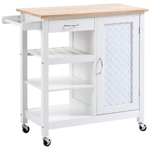 Desserte De Cuisine Style Contemporain - Porte, Tiroir, 3 Étagères - Poignées Métal Mdf Blanc Plateau Bois Pin