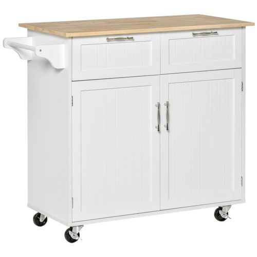 Homcom Desserte Îlot De Cuisine - 2 Portes, 2 Tiroirs, Porte-Torchon - Poignées Métal - Mdf Blanc Hévéa