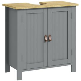 Meuble Salle De Bain Sur Pied - Meuble Sous-Vasque - 2 Portes, Étagère - Mdf Panneaux Aspect Bois Clair Gris