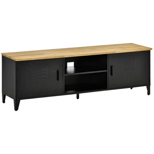 Meuble Tv Banc Tv Design Industriel - 2 Placards, 2 Niches, 2 Passe-Fils - Structure Piètement Tôle Métal Plateau Bois D'hévéa
