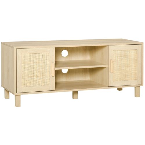 Meuble Tv Banc Tv 2 Niches 2 Placards Porte Cannage En Rotin Dim. 115l X 40l X 48h Cm Mdf Aspect Bois Cla