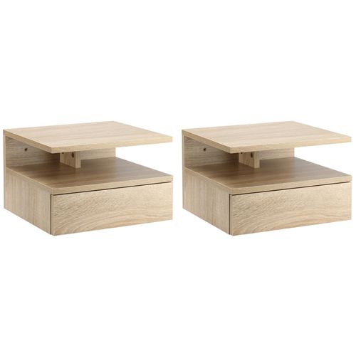 Lot De 2 Tables De Chevet Murales - Lot De 2 Tables De Nuit - Tiroir Coulissant, Niche Et Plateau - Panneau Particules Aspect Chêne Clair