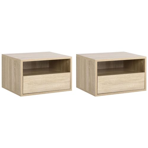 Lot De 2 Tables De Chevet Murales - Lot De 2 Tables De Nuit - Tiroir Coulissant, Niche, Plateau - Panneaux Particules Aspect Chêne Clair