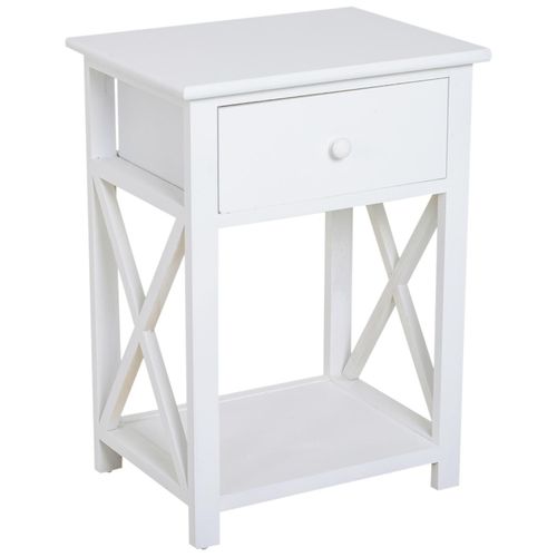 Table De Chevet Table De Nuit Style Cosy Avec Croix Latérales Tiroir Et Étagère Bois Et Mdf Blanc