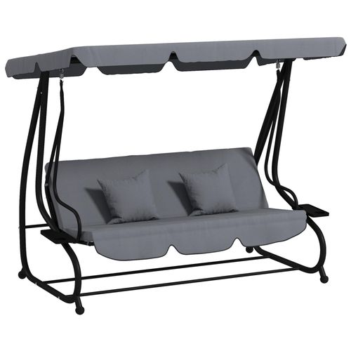 Balancelle De Jardin Convertible 3 Places Inclinaison Toit Réglable 2 Tablettes + Matelas 2l X 1,2l X 1,64h M Métal Époxy Noir Polyester Gris