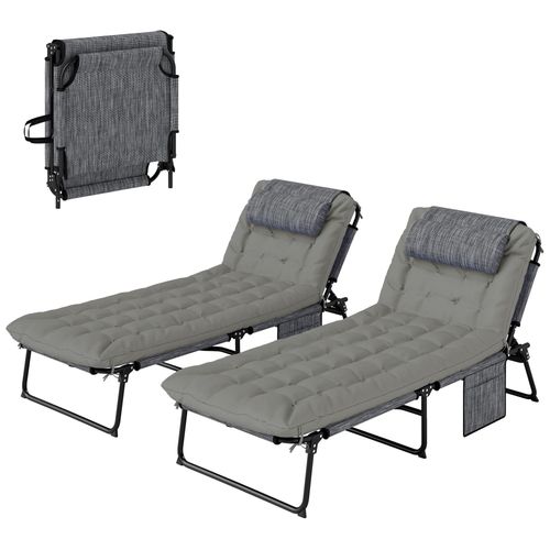 Lot De 2 Transats Bains De Soleil Pliables Inclinables - Tétière, Matelas Épais - Métal Tissu Gris