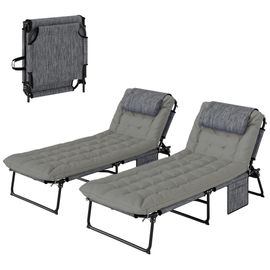 Lot De 2 Transats Bains De Soleil Pliables Inclinables - Tétière, Matelas Épais - Métal Tissu Gris