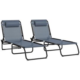 Lot De 2 Bains De Soleil Transats Pliables Inclinables Acier Lacets Élastiques Noir Textilène Gris