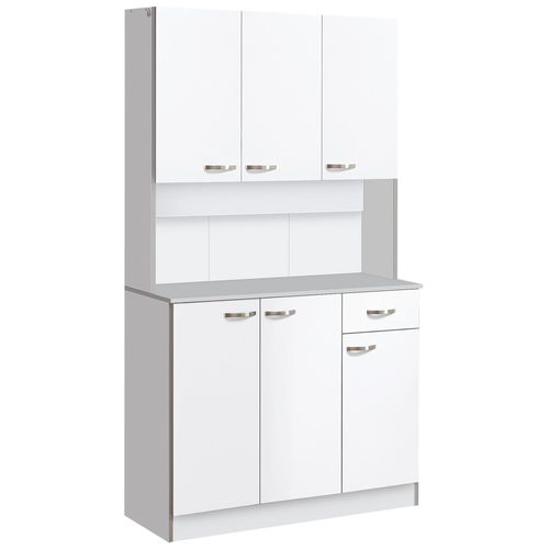 Buffet Haut Multi-Rangement - 6 Portes, Tiroir, Grand Plateau - Dim. 101l X 39l X 180h Cm - Panneaux Particules Blanc Gris