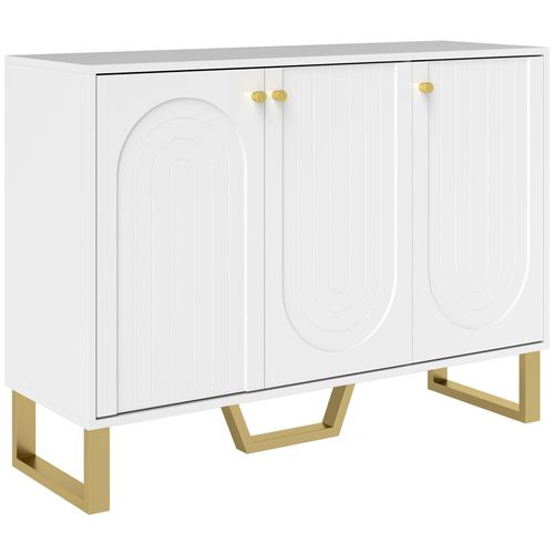 Buffet Design 3 Portes 2 Étagères Piètement Poignées Métal Doré Panneaux Blanc