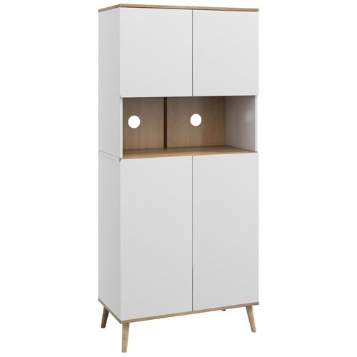 Buffet Haut 4 Portes 3 Étagères Grande Niche Blanc Aspect Chêne Clair