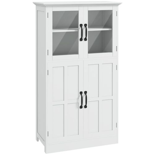Buffet Vitrine 4 Portes 2 Étagères Blanc Poignées Métal Noir Verre
