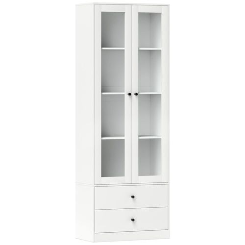 Buffet Haut Vitrine Armoire De Cuisine - 2 Portes, 3 Étagères, 2 Tiroirs - 59 X 30 X 164 Cm - Blanc