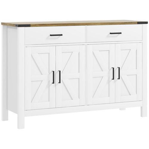 Buffet Style Rural Chic 4 Portes Façades Croisillons 2 Étagères 2 Tiroirs - Dim.120 X 39,3 X 82,5 Cm - Métal Noir Effet Bois Blanc