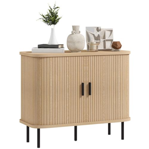 Buffet 2 Portes Coulissantes 4 Compartiments Acier Noir Bois Clair