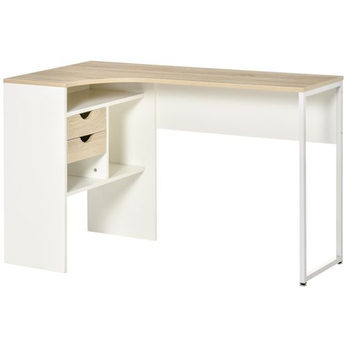 Bureau D'angle Bureau Informatique Multimédia Multi-Rangement Métal Panneaux Particules Aspect Chêne Clair Blanc