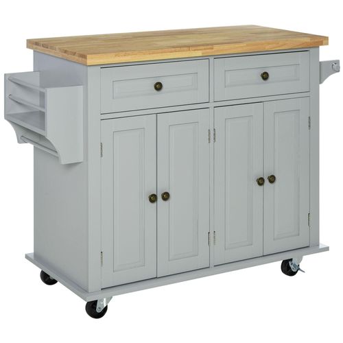 Desserte De Cuisine Multi Rangements 2 Tiroirs 2 Placard 2 Portes Avec Étagère Range-Bouteille Porte-Torchons Mdf Gris Hévéa