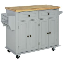 Desserte De Cuisine Multi Rangements 2 Tiroirs 2 Placard 2 Portes Avec Étagère Range-Bouteille Porte-Torchons Mdf Gris Hévéa