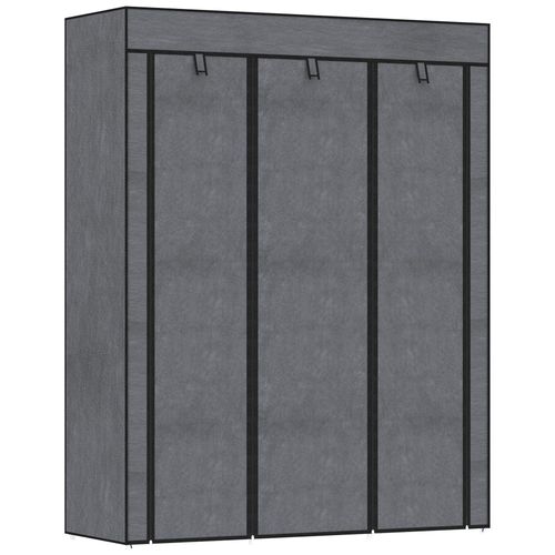 Armoire Penderie Multi-Rangement - 8 Étagères, 2 Barres - Dim. 125l X 43l X 162,5h Cm - Acier Noir Non Tissé Gris