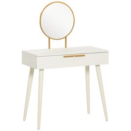 Coiffeuse Miroir Rond Style Art Déco - 2 Tiroirs - Piètement Effilé Bois - Métal Doré Effet Bois Blanc