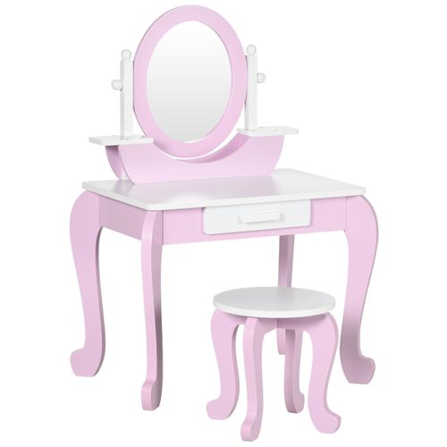 Coiffeuse Enfant Design Girly - Tabouret Inclus - Tiroir, 2 Étagères, Niche, Miroir - Mdf - Blanc Rose