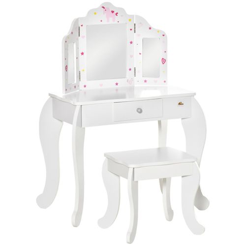 Coiffeuse Enfant Avec Tabouret, Miroir Triptyque Et Tiroir Coulissant - Coiffeuse Dim. 63l X 40l X 85,5h Cm - Mdf Blanc, Rose