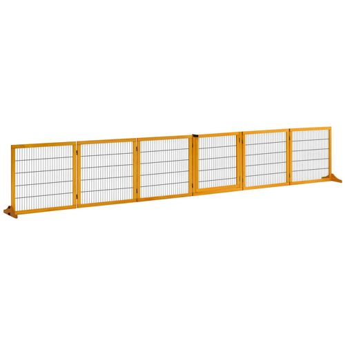 Barrière De Sécurité Parc Enclos Chien Modulable Pliable Porte Verrouillable Intégrée 5 Panneaux Grillage Acier Noir Bois De Pin Verni