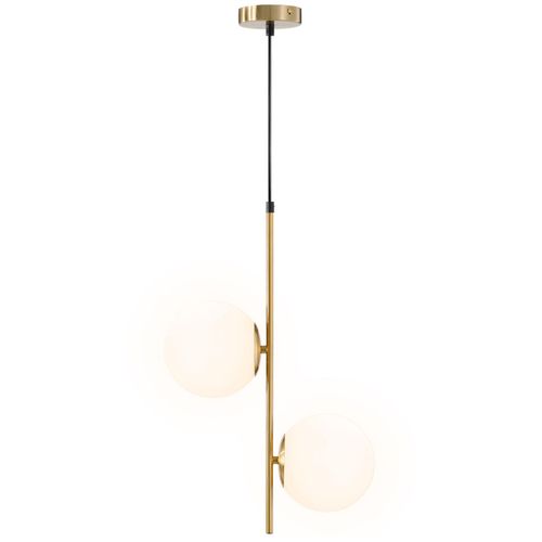 Suspension Design Néo-Rétro 2 Globes Verre Blanc Opaque Max. 40w Métal Doré