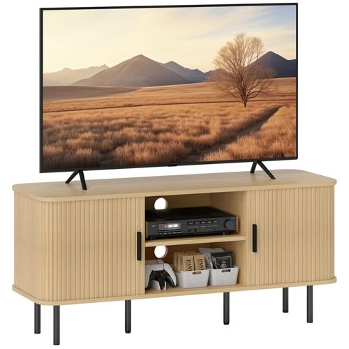 Meuble Tv Style Scandinave - 2 Portes, 2 Niches - Acier Noir Aspect Bois Clair