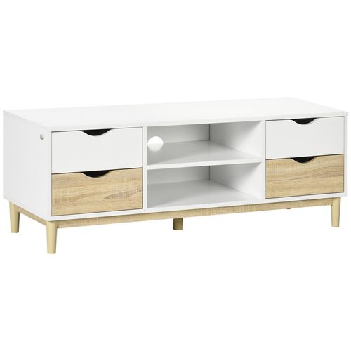 Meuble Tv Banc Tv Style Scandinave 4 Tiroirs 2 Niches Passe-Fils Panneaux Blanc Aspect Chêne Clair
