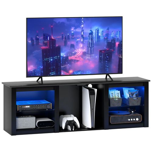 Meuble Tv Design Led - Banc Tv Contemporain - 2 Étagères Verre, Grande Niche Et Plateau - Dim. 160 X 35 X 35 Cm - Noir