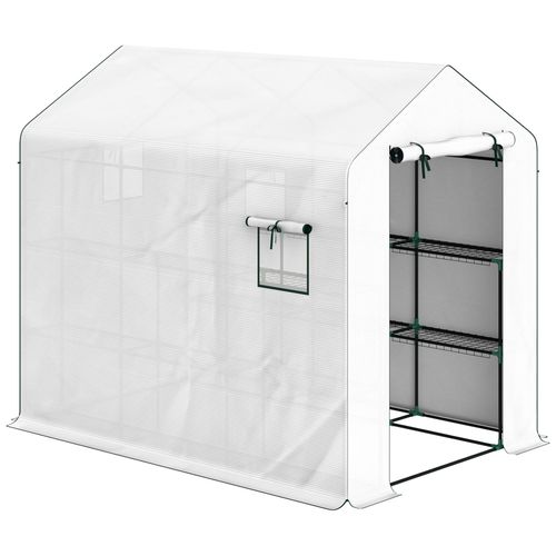 Serre De Jardin 4 Étagères - Porte Enroulable Zippée, 2 Fenêtres - 143 X 215 X 190 Cm - Acier Vert Pe Blanc