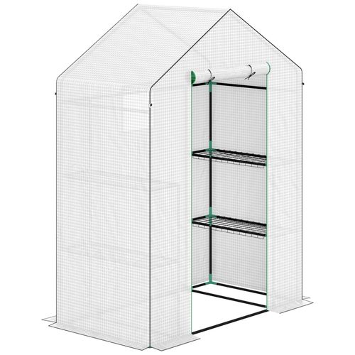 Serre De Jardin 6 Tablettes Dim. 1,4l X 0,73l X 1,9h M Porte Déroulante Fenêtres Acier Pe Haute Densité Blanc