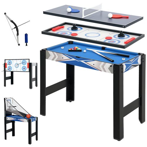 Table multi jeux 5 en 1 - billard, ping-pong, air hockey, basketball, cible fléchettes - bleu