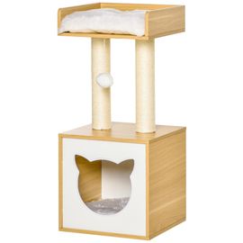 Arbre À Chat 2 Griffoirs Niche Entrée Tête De Chat Plateforme D'observation Jouet Suspendu Coussins Amovibles Peluche Grande Douceur Aspect Bois Clair