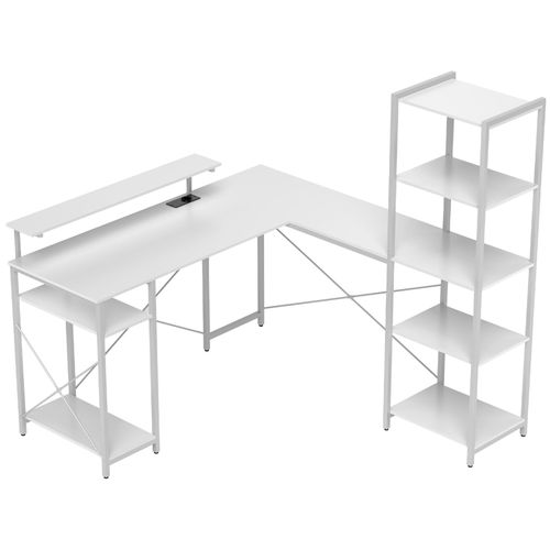 Bureau D'angle Design Contemporain Multi-Rangement - Prise Intégrée - Métal Panneaux Blanc