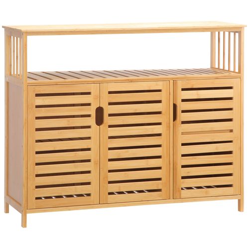 Buffet Rangement Bois Bambou Lattes Style Naturel 3 Portes 4 Étagères