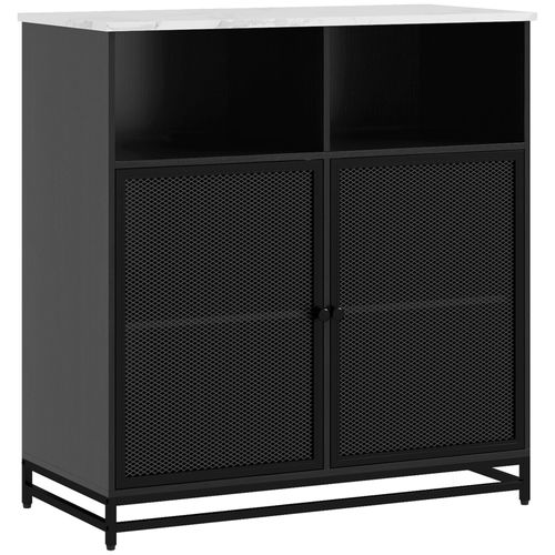 Buffet Bas Design 2 Portes Métal Grillagées Noir Effet Marbre Blanc