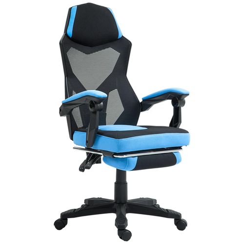 Fauteuil Gaming Chaise Gamer Dossier Et Hauteur Réglable Roulettes Pivotantes Repose-Pied Tissu Maille Bleu Noir