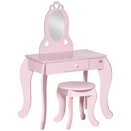 Coiffeuse Enfant Design Girly Avec Motifs À Coeur - Tabouret Inclus - Dim. 60l X 36l X 88h Cm - Tiroir, Miroir - Mdf - Rose